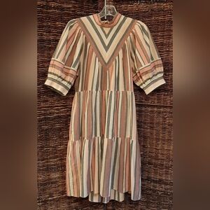 Ulla Johnson Puff Sleeve Dress Metallic Striped Knee Length Tent Tiered Pocket 4